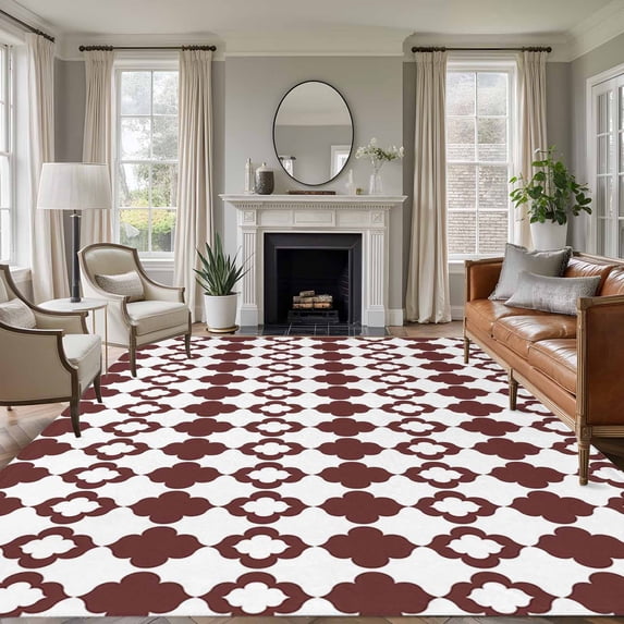 Retro Boho Area Rugs 5'x8', Washable Small Throw Rugs for Classroom Bedroom, Dark Red Geometric Pattern Rhombic Bohemia Indoor Outdoor Rug Non-Slip Low Pile Carpet Runner Reversible Floor Mats