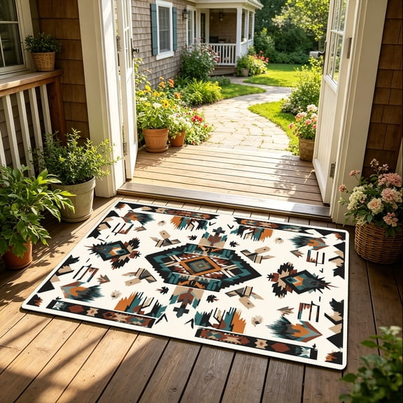 Retro Boho Aztec Tribal Geometric Entryway Doormat, Indoor Outdoor Christmas Holiday Party Home Decor, Thanksgiving Christmas Gift