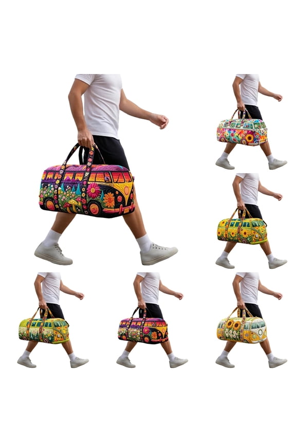 Retro Boho Bag Van Shape Quilted Duffle Printed Bag,Colorful Hippie Peace Sign, Wild Design, Travel Weekender Tote Bag