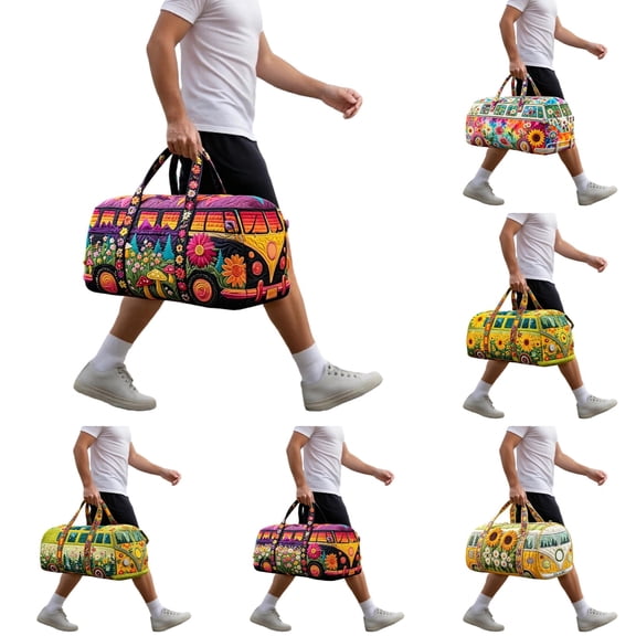 Retro Boho Bag Van Shape Quilted Duffle Printed Bag,Colorful Hippie Peace Sign, Wild Design, Travel Weekender Tote Bag