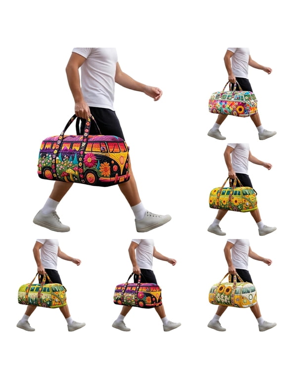 Retro Boho Bag Van Shape Quilted Duffle Printed Bag,Colorful Hippie Peace Sign, Wild Design, Travel Weekender Tote Bag