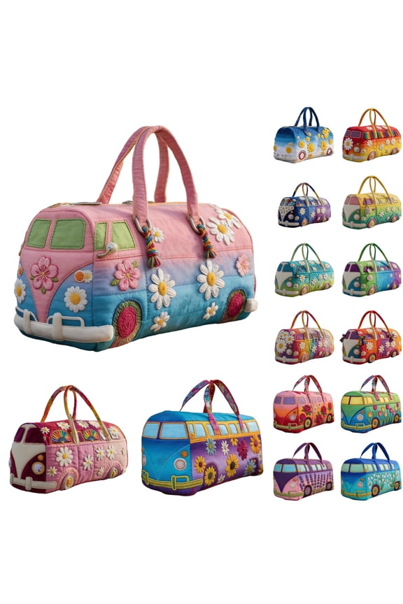 Retro Boho Bag Van Shape Quilted Duffle Printed Bag,Colorful Hippie Peace Sign, Wild Design, Travel Weekender Tote Bag