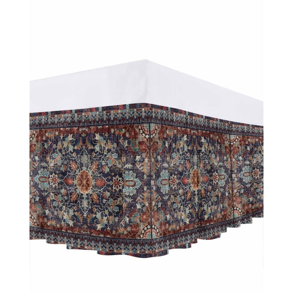 Retro Boho Bed Skirt Cal King Size, Rustic Flowers Modern Geometric Abstract Art Wrap Around Bed Skirting with Adjustable Elastic Strap, Dust Ruffled Pleated Bedskirts 18 Inch Drop for Bedroom Beds