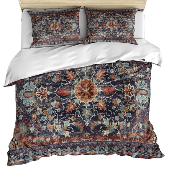 Retro Boho Bedding 3 Piece Duvet Cover Set Twin Size, Rustic Flowers Modern Geometric Abstract Art Soft Microfiber Comforter Cover with Zipper Closure & Pillowcases, FadeResistant Quilt Cover