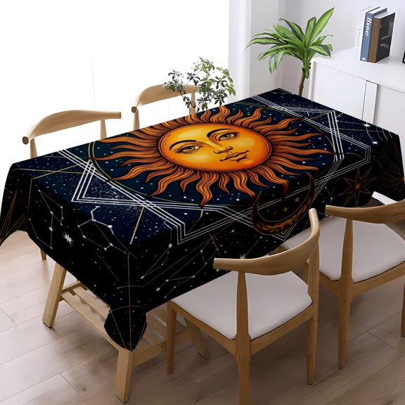 Retro Boho Celestial Sun Moon Starry Sky Print Tablecloth, Dining Living Room Kitchen Coffee Table Decor, Occult Astrology Home Table Cover, Thanksgiving Christmas Gift