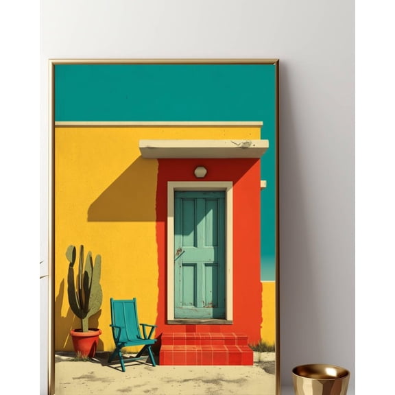 Retro Boho Doorway Poster – Mid‑Century Modern Southwest House Poster, Desert Cactus & Chair Art, Vibrant, Unframed Poster Size 8x12