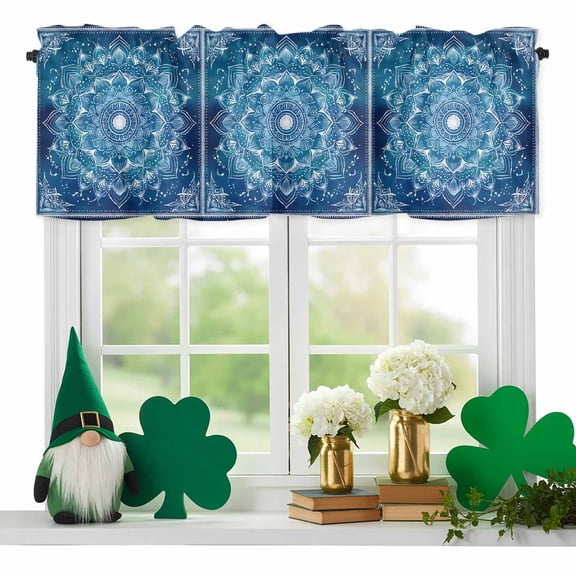 Retro Boho Ethnic Valances for Windows, Blue Abstract Tribal Flower Rod Pocket Valance Short Window Treatments Curtains for Kitchen Bathroom Bedroom Decor, 60 x 18 Inches