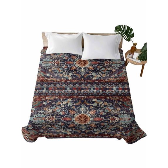 Retro Boho Flat Sheet Only Twin Size, Soft Breathable Bed Top Sheets for Mattress, Rustic Flowers Modern Geometric Abstract Art Luxury Bedding Flat Sheets for Home Hotel Bedroom Bed Protection