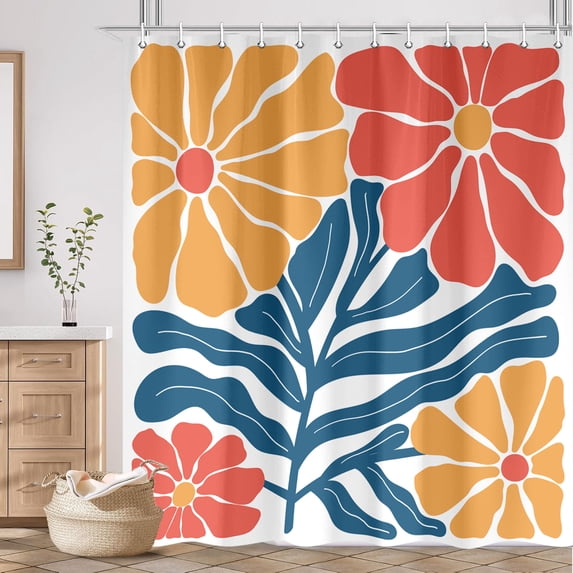 Retro Boho Floral Abstract Shower Curtain, 60s 70s Mid Century Vintage Cute Orange Flower Botanical Shower Curtain for Bathroom, Modern Minimal Style Fabric Bath Curtain Set Decor with Hooks 69X70IN