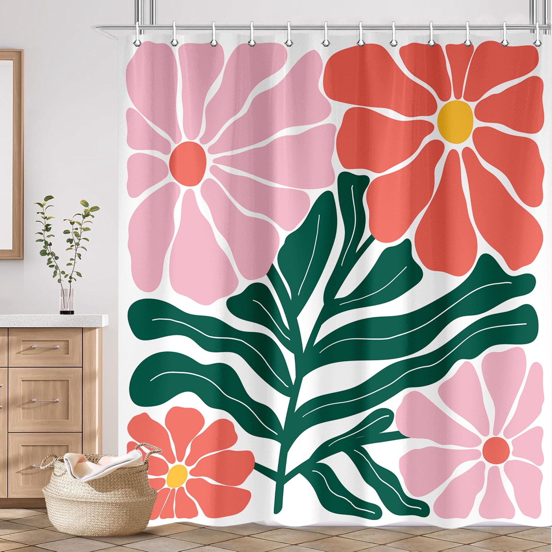 Retro Boho Floral Abstract Shower Curtain, 60s 70s Mid Century Vintage Cute Pink Flower Botanical Shower Curtain for Bathroom, Modern Minimal Style Fabric Bath Curtain Set Decor with Hooks 69X70IN