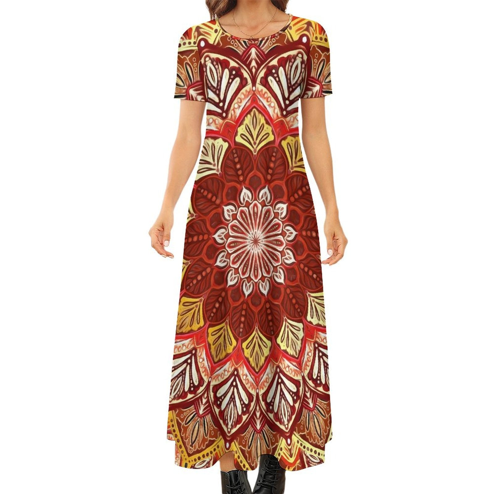 Retro Boho Floral Dress Red and Gold Party Maxi Dress Short Sleeve ...