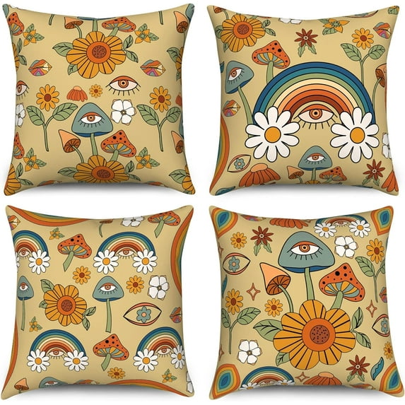 Retro Boho Floral Pillow Covers 20x20 Set of 4, Trippy Mushroom Throw Pillow Covers Vintage Cute Pillowcase Yellow Orange Rainbow Decorations Velvet Abstract Cushion Case