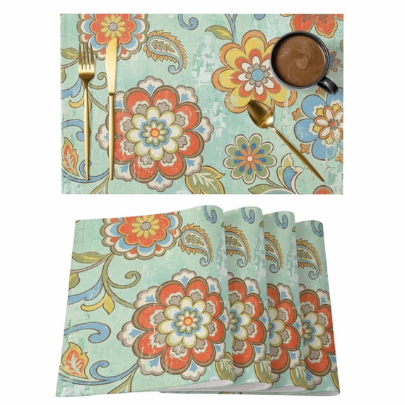 Retro Boho Floral Placemats Set of 8, Yellow Orange Flower Leaf Abstract Teal Non-Slip Place Mats Washable Table Mats for Kitchen Dining Table Decorations Indoor/Outdoor