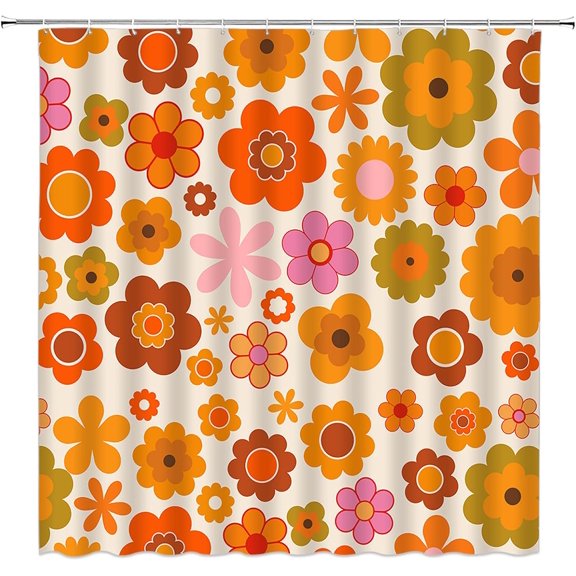 Retro Boho Floral Shower Curtain Funky Vintage 72s 60S Flowers Bathroom Curtains Decor Set with Hook(72" WX72 H)