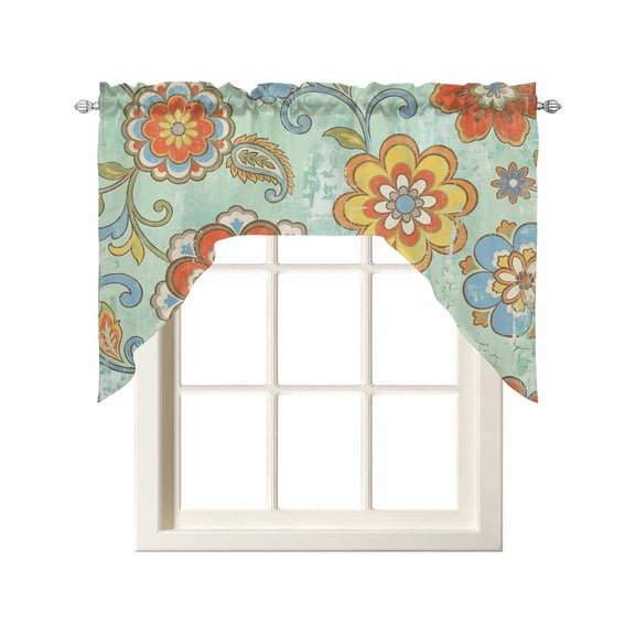 Retro Boho Floral Swag Valances for Windows 56 x 36 Rod Pocket Light Filtering Window Topper Yellow Orange Flower Leaf Abstract Teal for Kitchen Bathroom Bedroom Living Room