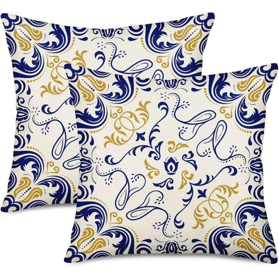 Retro Boho Floral Throw Pillow Cover 16x16 Inch Set of 2 Bohemian Ethnic Flower Pattern Design Decorative Pillow Cases Blue Yellow Print Farmhouse Cushion Cover for Sofa Couch