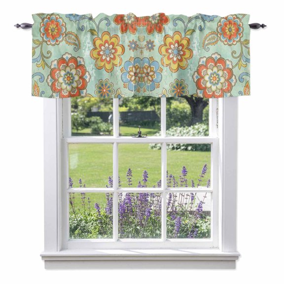 Retro Boho Floral Valance Curtain for Windows Yellow Orange Flower Leaf Abstract Teal Rod Pocket Curtain Valances Short Window Treatments Panels for Kitchen Bathroom Laundry Basement 54 x 18 Inch