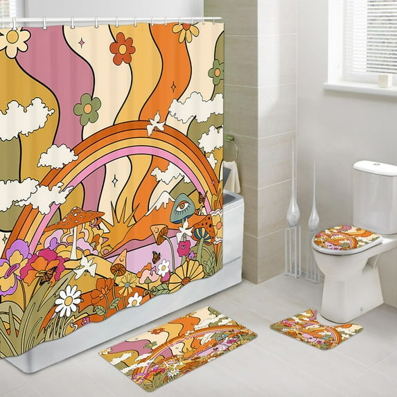 Retro Boho Flower Mushroom Shower Curtain Sets with Rugs 4 Piece,Sun and Rainbow Sunshine Bathtub Bathroom Accessories Bathroom Rugs Mat Toliet Lid Cover,70s Colorful Abstract Bathroom Shower Set