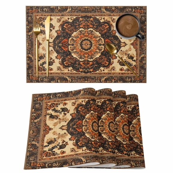 Retro Boho Flower Placemats Set of 12 Orange Multi Traditional Oriental Place Mats Indoor Wipeable Table Mats Washable Cloth Dining Table Placemats for Kitchen Holiday Party Home Decor 13x19 Inch