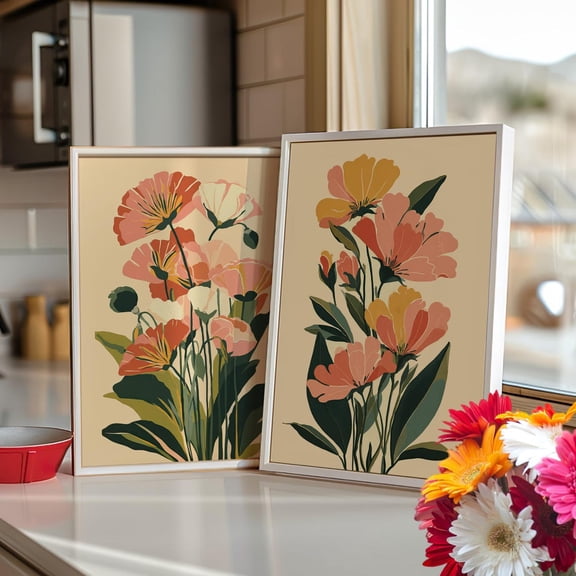 Retro Boho Flowers Floral Mid-Century Modern Vintage Terracotta Pink Decor Set 2 Stretched Canvas