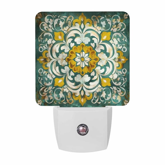 Retro Boho Flowers Plug-in LED Night Lights Abstract Ethnic Style Floral Auto Dusk-to-Dawn Sensor for Bedroom, Bathroom, Kitchen, Nursery, Hallway, Stairs, Wall Home Decor