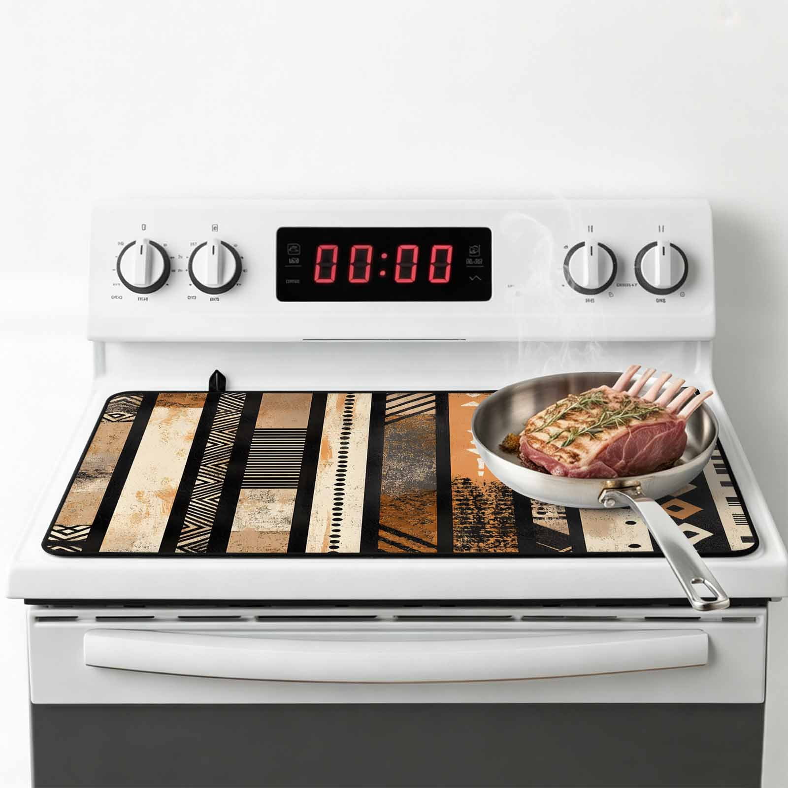 Retro Boho Geometric Stove Top Cover for Electric Stove, Heat-proof & Non Slip Glass Top Stove Cover Protector, Abstract Southwestern Ethnic Kitchen Flat Cooktop Rubber Mat 24x21 Inches