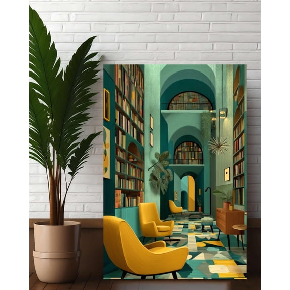 Retro Boho Library Wall Art Poster – Mid‑Century Modern Interior Illustration – Teal & Mustard Geometric Decor –, Unframed Poster Size 16x24