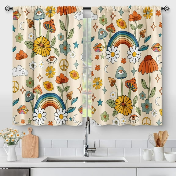 Retro Boho Mushroom Kitchen Curtains - Rustic 70s Hippie Fantasy Bohemian Floral Modern Colorful Short Small Cafe Tier Curtains Rod Pocket Window Drapes 26"W x 36"L