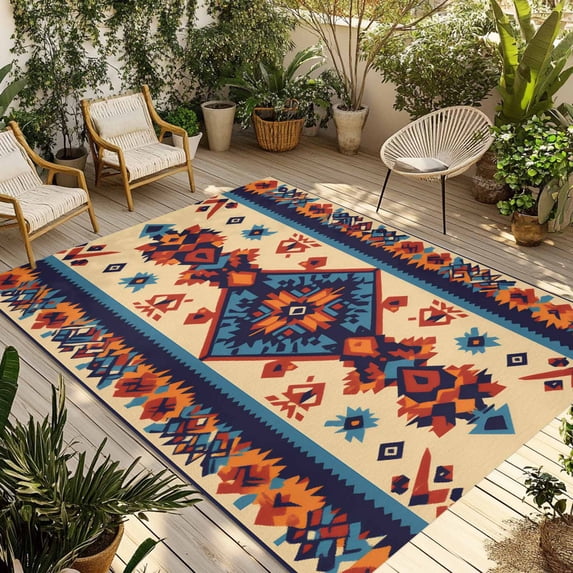 Retro Boho Outdoor Rug 5x7 Ft - Reversible Patio Rug Outdoor Camping Rugs, Rustic Abstract Geometric Farmhouse Aesthetic Indoor Outdoor Area Rugs, Non-Slip Outdoor Carpet Runner for Deck/Porch