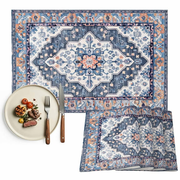 Retro Boho Placemat of 1 PC, Aztec Southwest Tribal Floral Pattern Table Mats Washable Heat-Resistant Non-Slip Place Mats for Kitchen Dinner Table Indoor Outdoor Decor,13x19 Inch Orange Blue