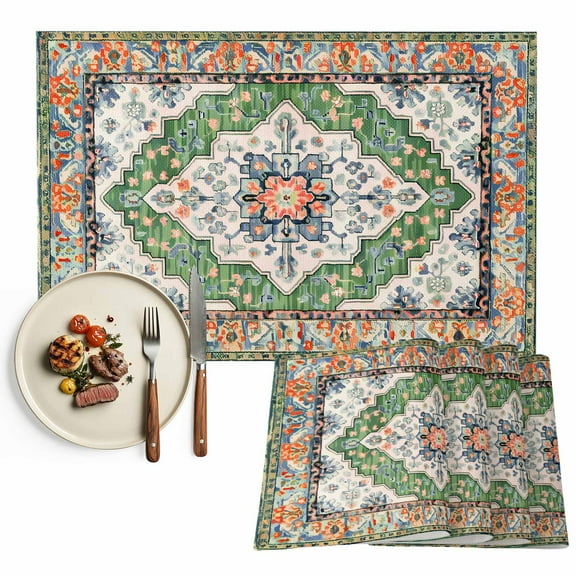 Retro Boho Placemat of 1 PC, Aztec Southwest Tribal Floral Pattern Table Mats Washable Heat-Resistant Non-Slip Place Mats for Kitchen Dinner Table Indoor Outdoor Decor,13x19 Inch Green Orange