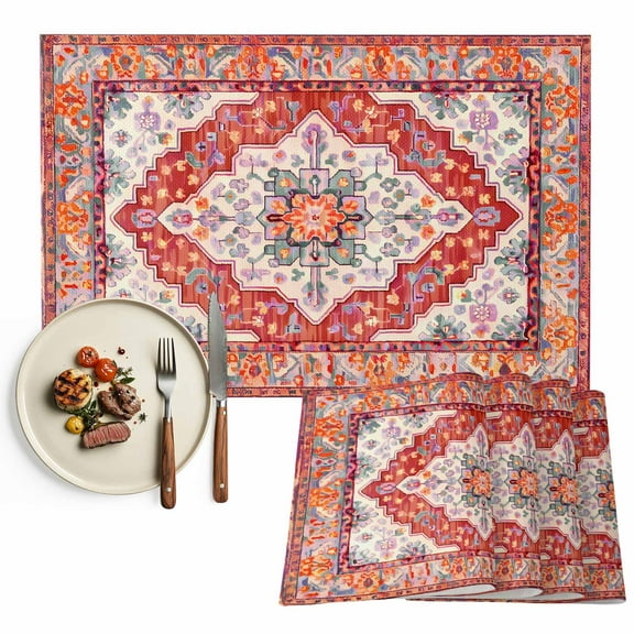 Retro Boho Placemats Set of 12, Aztec Southwest Tribal Floral Pattern Table Mats Washable Heat-Resistant Non-Slip Place Mats for Kitchen Dinner Table Indoor Outdoor Decor,13x19 Inch Red Orange