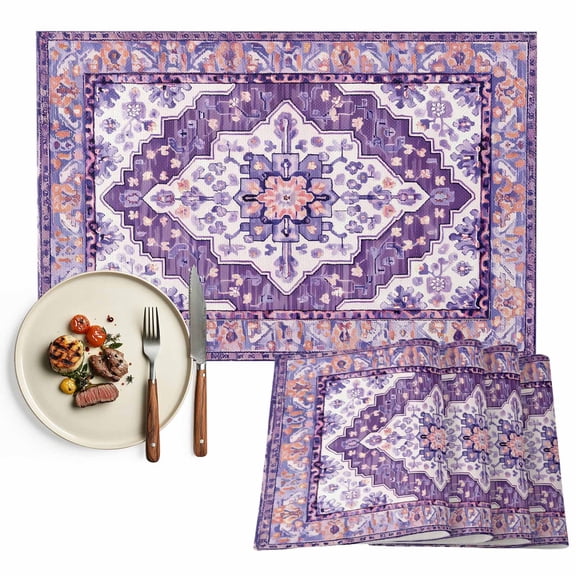 Retro Boho Placemats Set of 6, Aztec Southwest Tribal Floral Table Mats Washable Heat-Resistant Non-Slip Place Mats for Kitchen Dinner Table Indoor Outdoor Decor,13x19 Inch Dark Lavender Purple