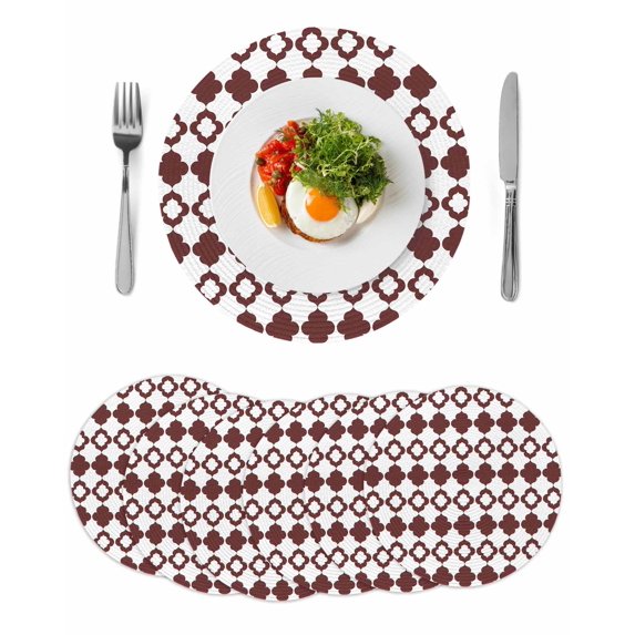 Retro Boho Round 13 Inch Placemats Set of 6, Dark Red Geometric Pattern Rhombic Bohemia HeatResistant Non Slip Place Mats for Dining Table, Wipeable Braided Kitchen Table Mats for Housewarming