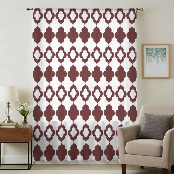 Retro Boho Sheer Curtains 108" Extra Long for Living Room, Dark Red Geometric Pattern Rhombic Bohemia Light Filtering Privacy Drapes,Breathable Semi Sheer Window Treatment for Floor to Ceiling Window