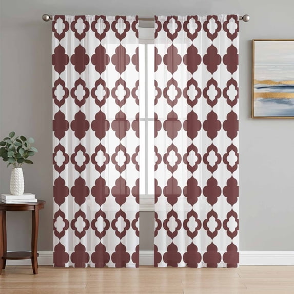 Retro Boho Sheer Curtains 96 Inch Length 2 Panels Set Window Treatments, Dark Red Geometric Pattern Rhombic Bohemia Rod Pocket Semi Curtains for Living Room/Bedroom/Kitchen Décor, 104"W x 96"L