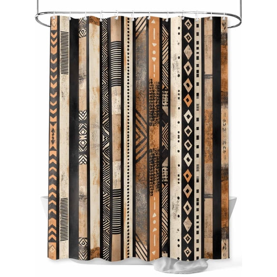 Retro Boho Shower Curtain, Ethnic Tribal Striped Pattern Bathroom Decor Curtains Set with Hooks, Brown Beige Waterproof Fabric Home Accessories, 72X 96 Inch Extra Long
