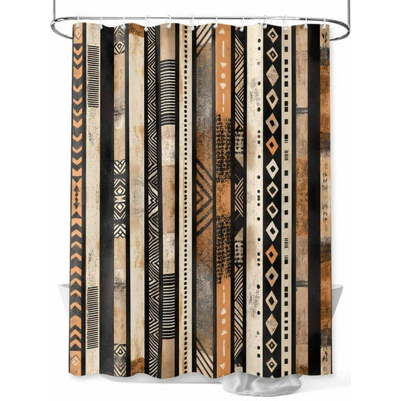 Retro Boho Shower Curtain, Ethnic Tribal Striped Pattern Bathroom Decor Curtains Set with Hooks, Brown Beige Waterproof Fabric Home Accessories, Stall 36 X 72 Inch