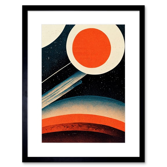 Retro Boho Space Starscape Abstract Mid Century Style Navy Teal Orange Cream Artwork Framed Wall Art Print 9X7 Inch