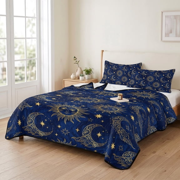 Retro Boho Star and Moon 3 Pieces Quilt Set,1 Quilt with 2 Shams,Dark Blue Night Sky Bedspread Soft Lightweight Bedding Coverlet Comforter Set for All Season 90"x96"