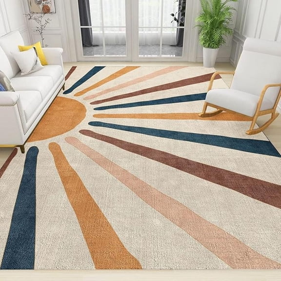 Retro Boho Sun Rays Area Rug, Abstract Rainbow Grunge Theme Non Slip Living Room Rug, Noise Reduction Machine Washable Carpet For Indoor Bedroom Office Decor Mat 3x4ft