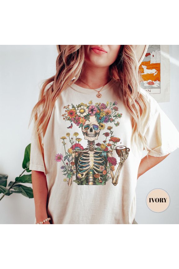 Retro Boho T-Shirt, Floral Shirt, Gothic Flowers Tee, Garden Sweater, Trendy Skull Tshirt, For Her, Vintage Style Tee