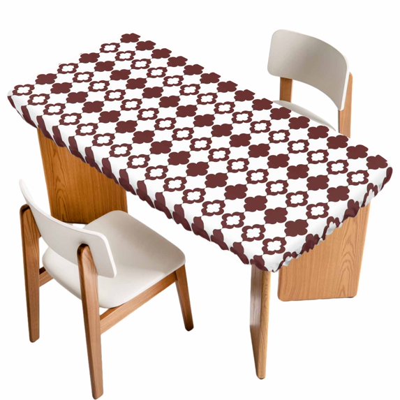 Retro Boho Table Cloths for 5 Foot Rectangle Tables, Dark Red Geometric Pattern Rhombic Bohemia Patio Waterproof Elastic Fitted Tablecloths, Washable Rectangular Table Cover for Camping