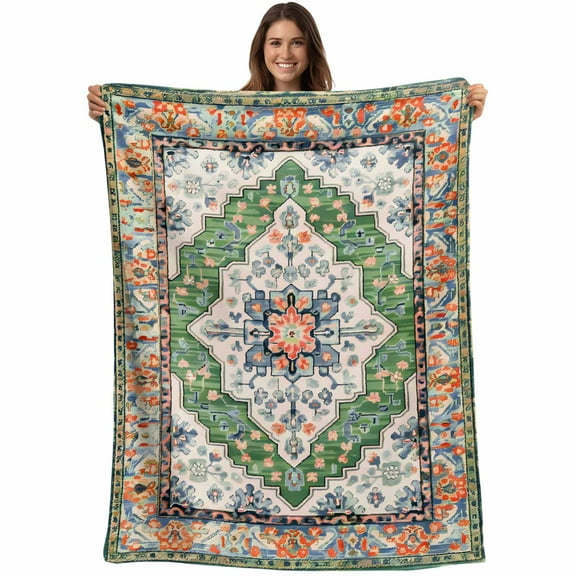 Retro Boho Throw Blankets, Aztec Southwest Tribal Floral Pattern Soft Fleece Blanket Decorative for Home Sofa Couch Chair Living Bedroom, 30x40 Inches, Green Orange