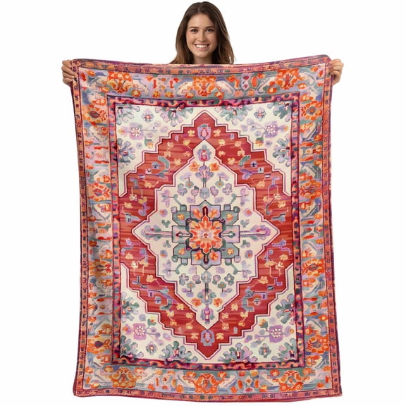 Retro Boho Throw Blankets, Aztec Southwest Tribal Floral Pattern Soft Fleece Blanket Decorative for Home Sofa Couch Chair Living Bedroom, 30x40 Inches, Red Orange