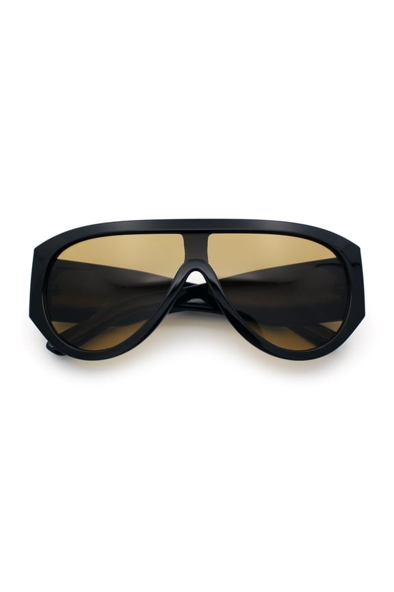 Retro Bold Oversized Shield Racer Plastic Sunglasses Black - Brown