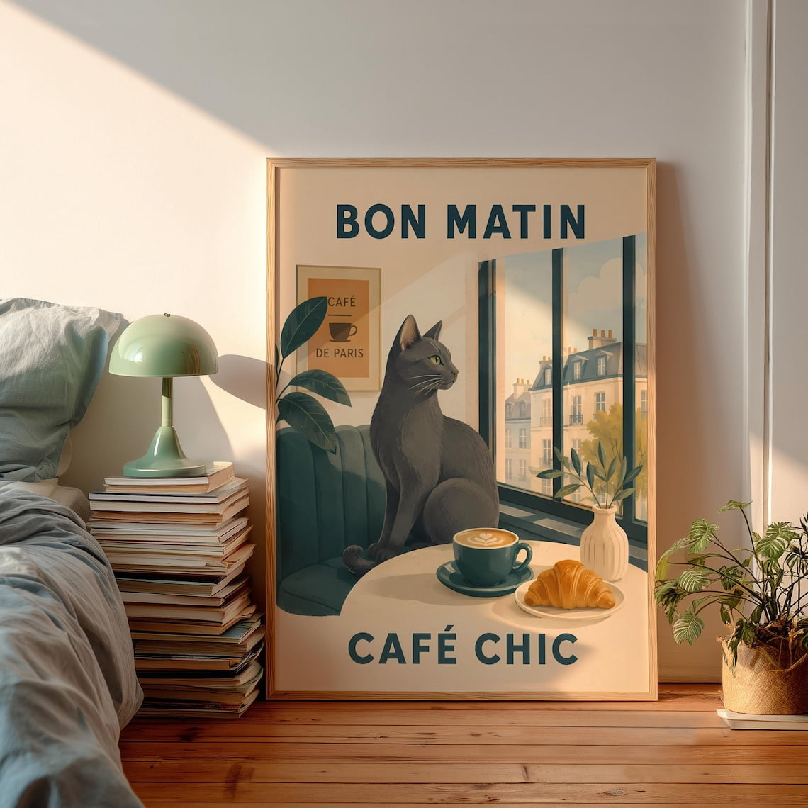 Retro Bon Matin Chic Poster, Cute Black Cat Paris Window View, French ...