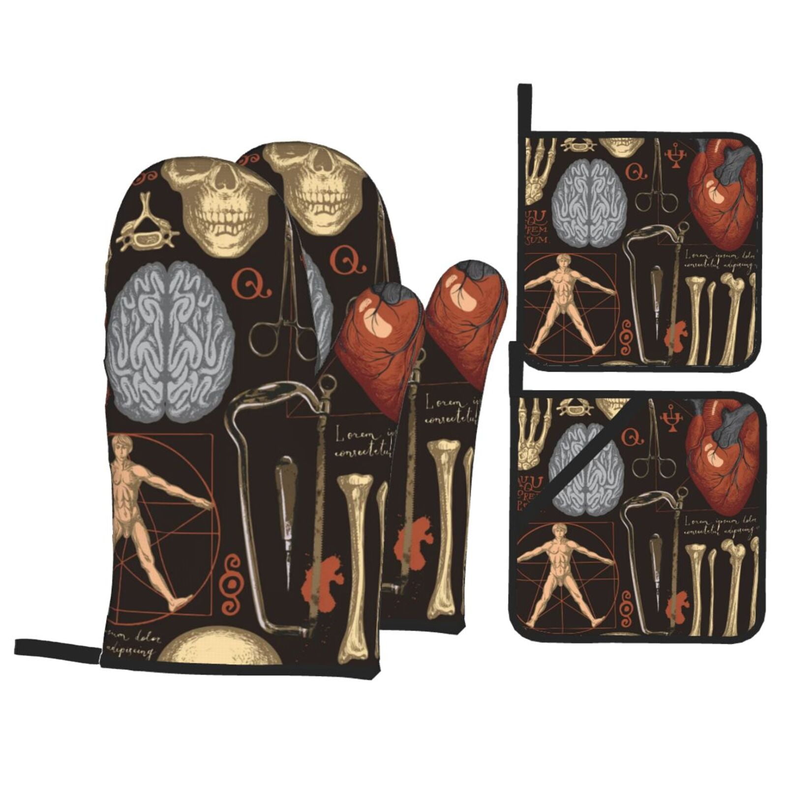 Retro Bones Organs Skull 4Pcs Oven Mitts and Pot Holders Sets Oven Kitchen Gloves Hot Pads for Cooking BBQ Baking Grilling