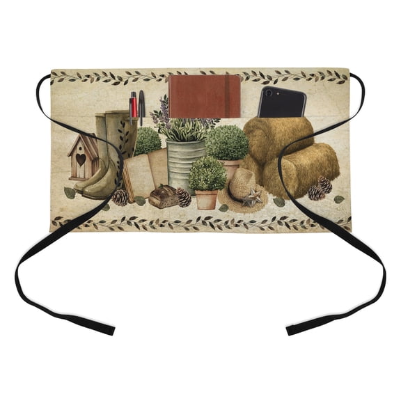 Retro Book Grass Caps Half Waist Apron Pine Fruit Purple Flowers Shoes Wood Striped Short Waiter Aprons with 3 Pockets for Women Men Kitchen Restaurant Cooking