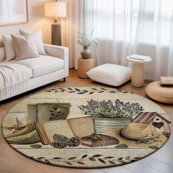 Retro Book Grass Caps Round Rug 6Ft Pine Fruit Purple Flower Shoes Wood Striped Circle Area Rugs Washable Non Slip Indoor Floor Mats Carpet for Living Room Bedroom Dining Room Home Decor